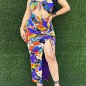 Colorful maxi ruched drawstring dress with slit, halter cut out